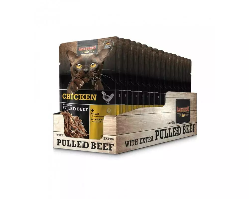 Leonardo Cat Food Nassfutter Huhn & Pulled Beef, 16 x 70 g