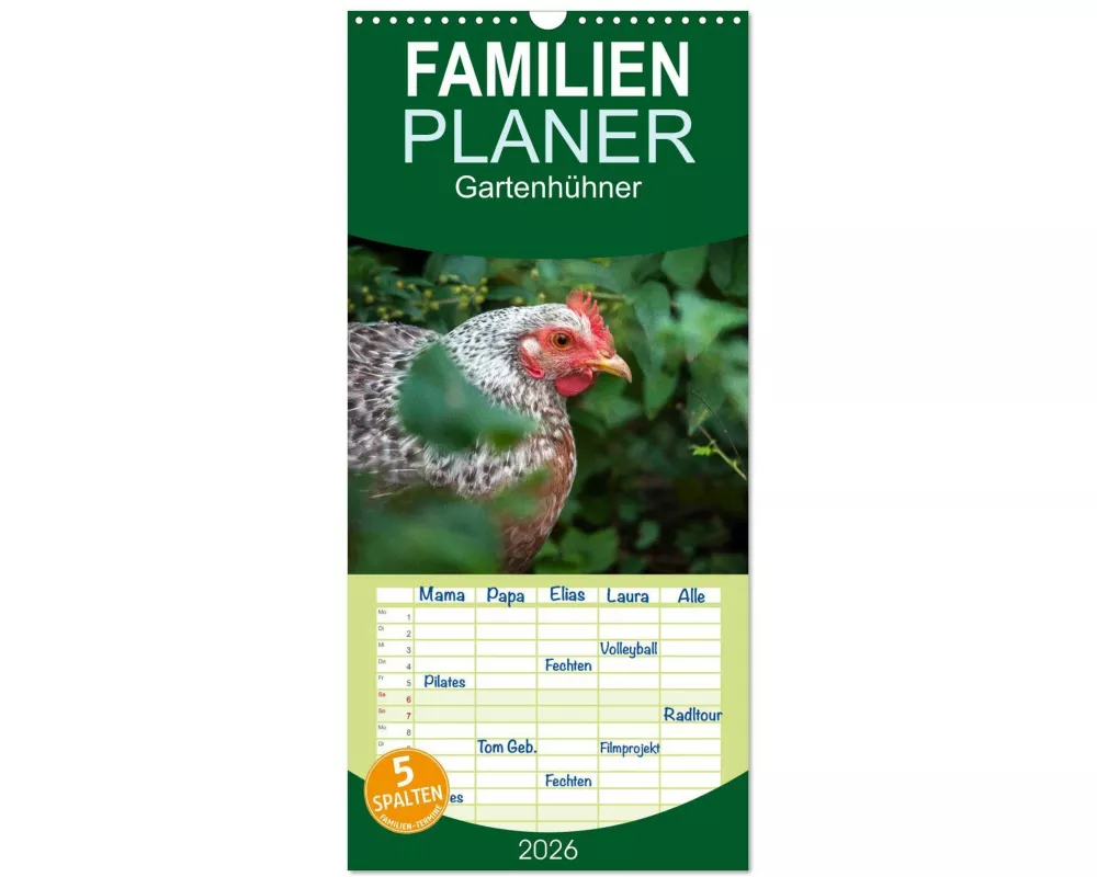 Familienplaner 2026 - Gartenhühner mit 5 Spalten (Wandkalender, 21 x 45 cm) CALVENDO