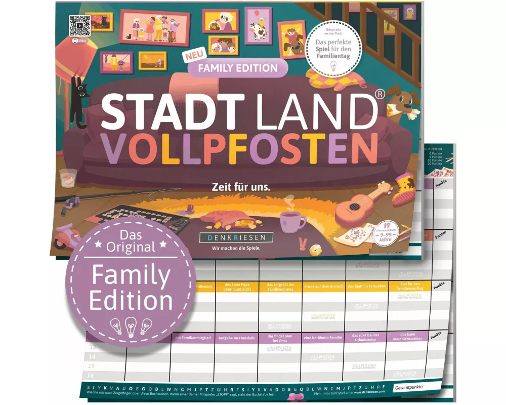 DENKRIESEN - Stadt Land Vollpfosten Family Edition - "Zeit für uns." | A4 Spielblock