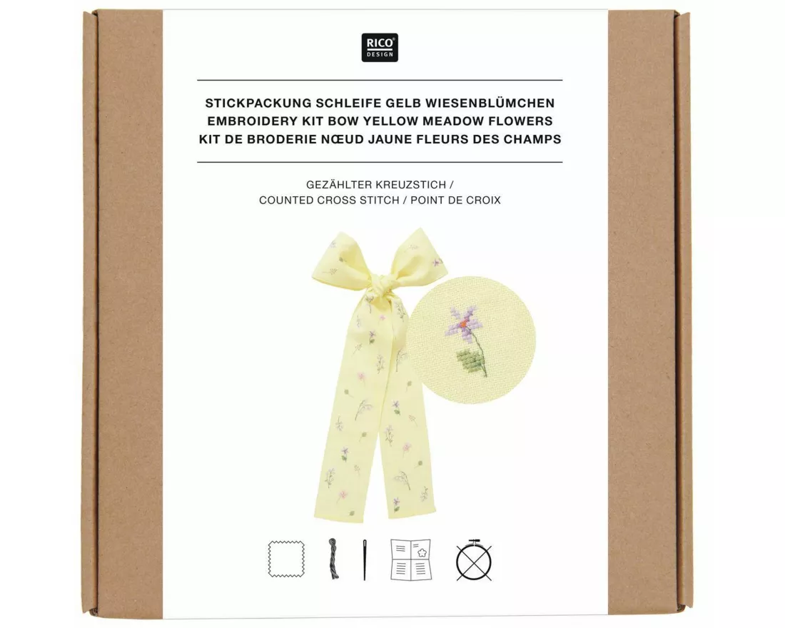 Stickpackung, Gezählter Kreuzstich Schleife Wiesenblümchen, Hellgelb, 30 x 54 cm, 100% Leinen