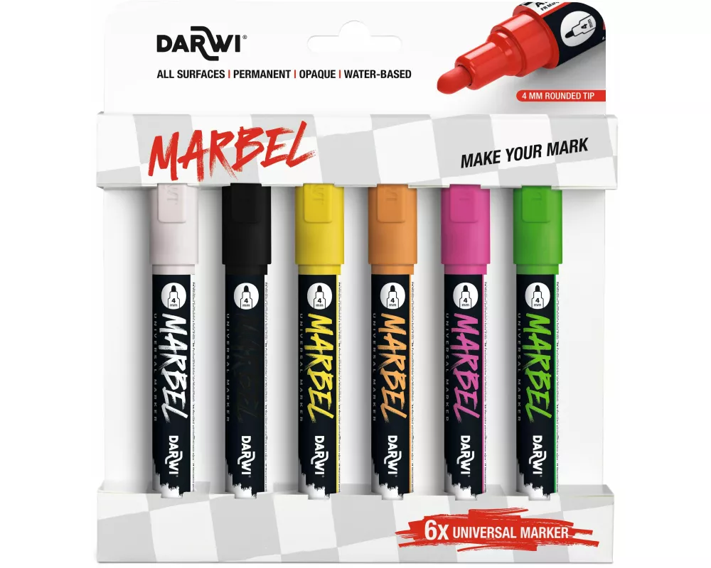 MARBEL Set mit 6 Universalmarkern Acrylfarben, Rundspitze medium 4mm, Neonfarben
