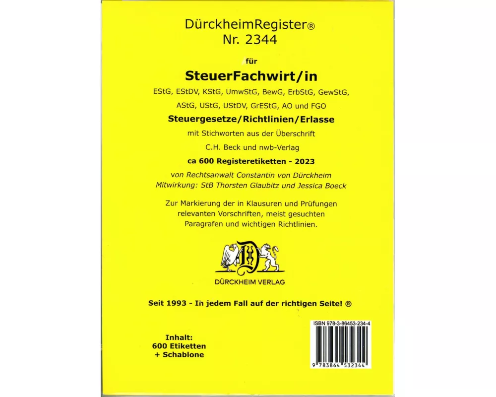 DürckheimRegister STEUERFACHWIRT/IN 2023 Steuegesetze- Richtlinien + Erlasse mit Stichworten