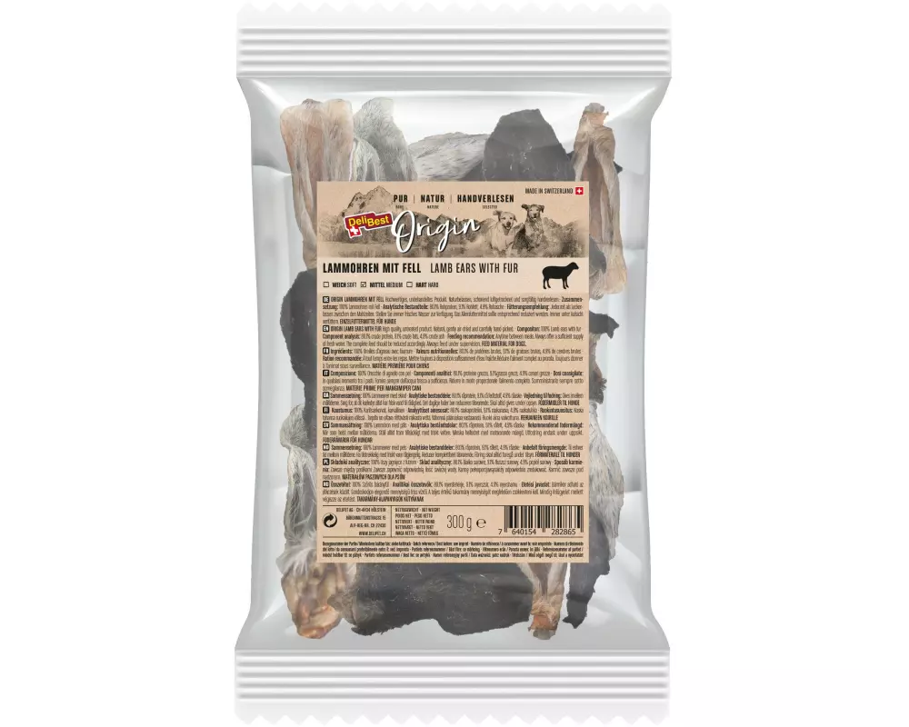 DeliBest Kausnack Origin Lammohren mit Fell 300 g, Schweizer Fleisch