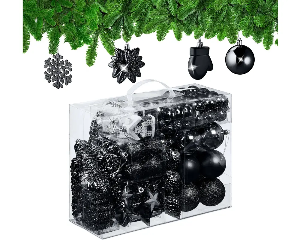 relaxdays Weihnachtskugeln im 100er-Set Schwarz-Weiss-Silber Schwarz/Silber/Weiss