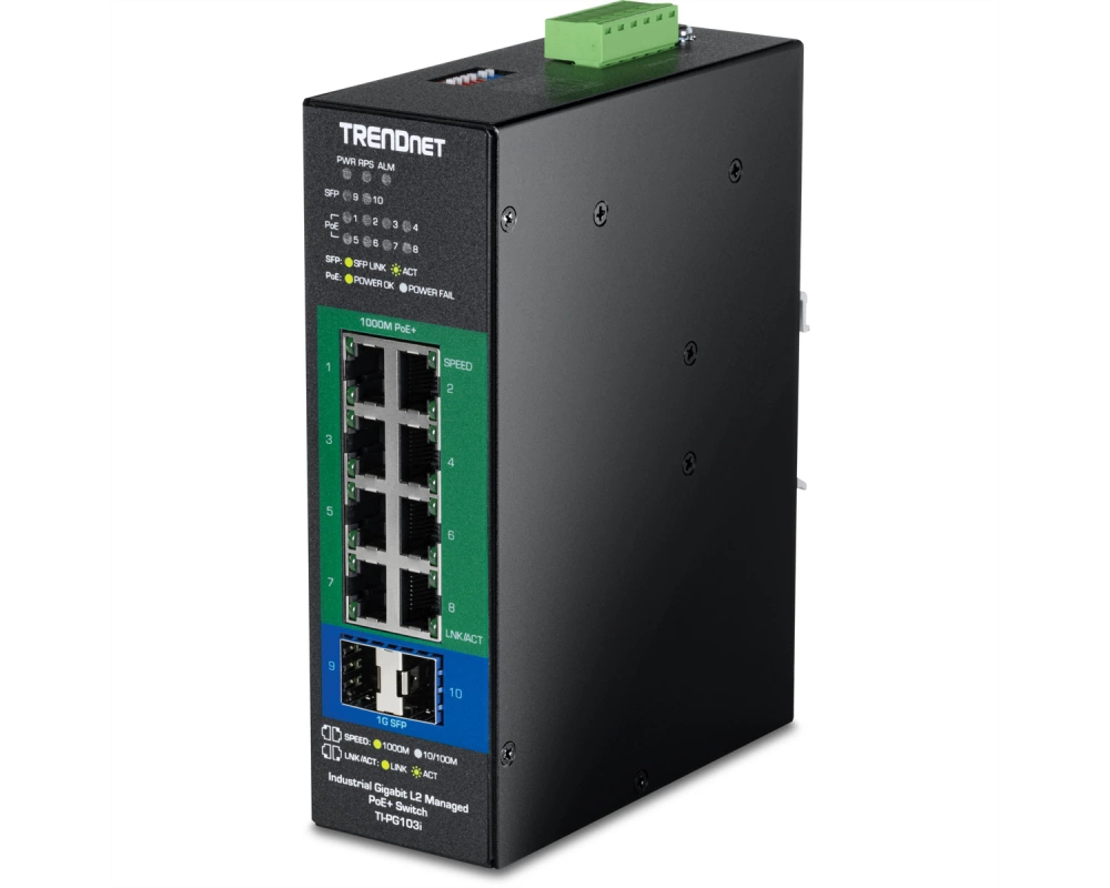 TRENDnet TI-PG103i 10-Port PoE+ Switch Industrial Gigabit L2 Managed DIN-Rail