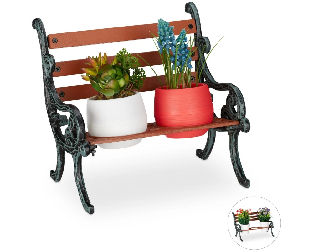 relaxdays Blumenbänke Mini, Gusseisen, Holz, Braun, Grau