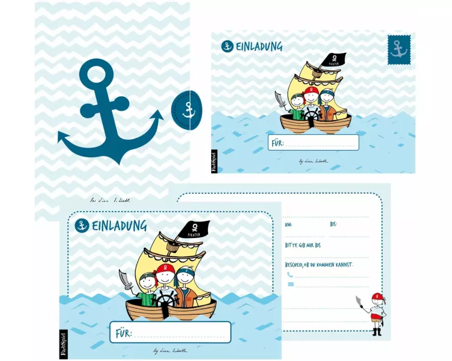 12 Einladungskarten Geburtstag Junge (Piraten). Handgemachte Geburtstag Einladungskarten zum Kindergeburtstag incl. 12 liebevollen Hand designten Brie