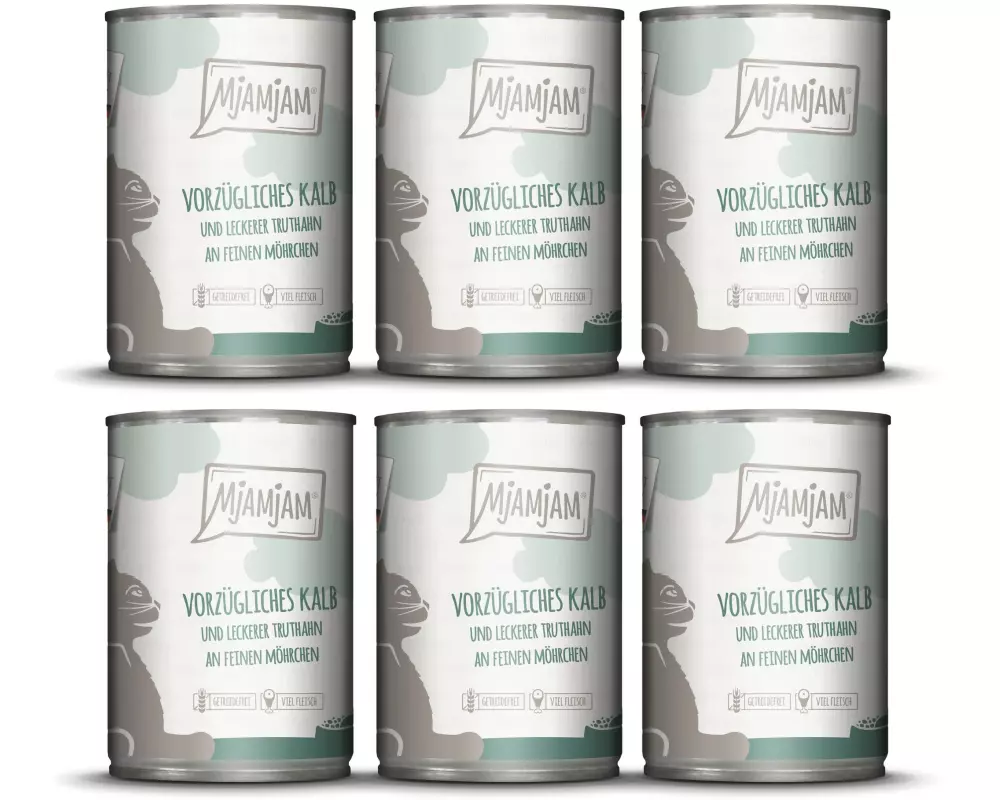 Mjamjam Nassfutter Dose Kalb & Truthahn, 6 x 400 g