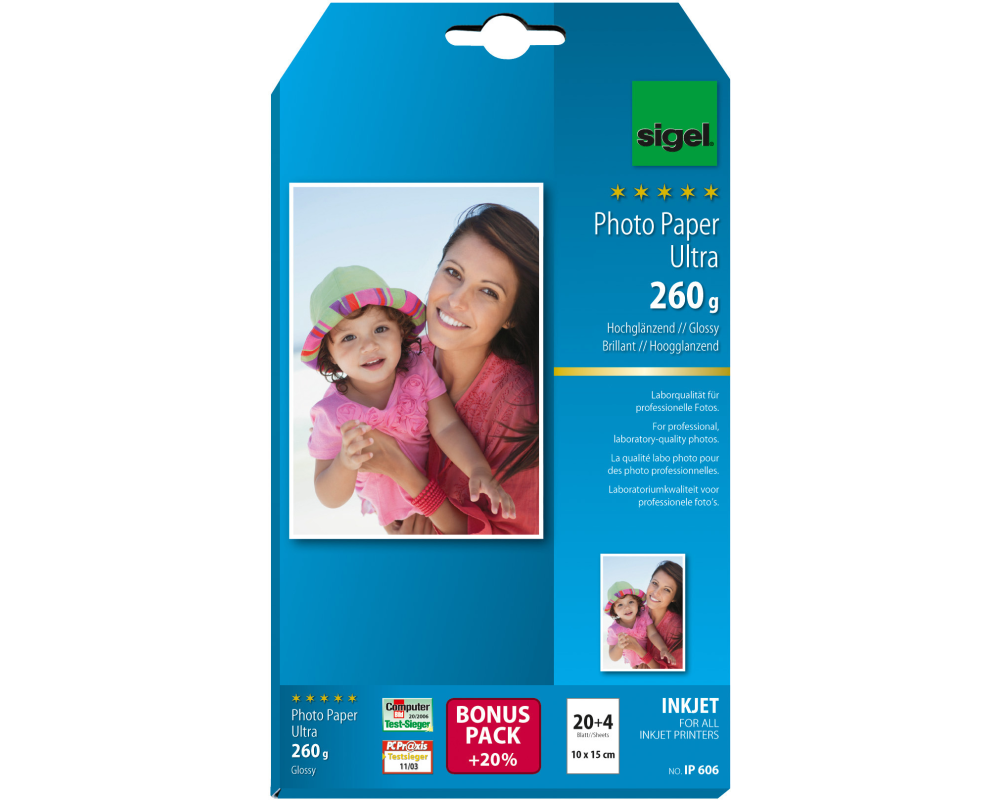 SIGEL InkJet Fotopapier 10x15cm IP606 260g,glossy, weiss 24 Blatt
