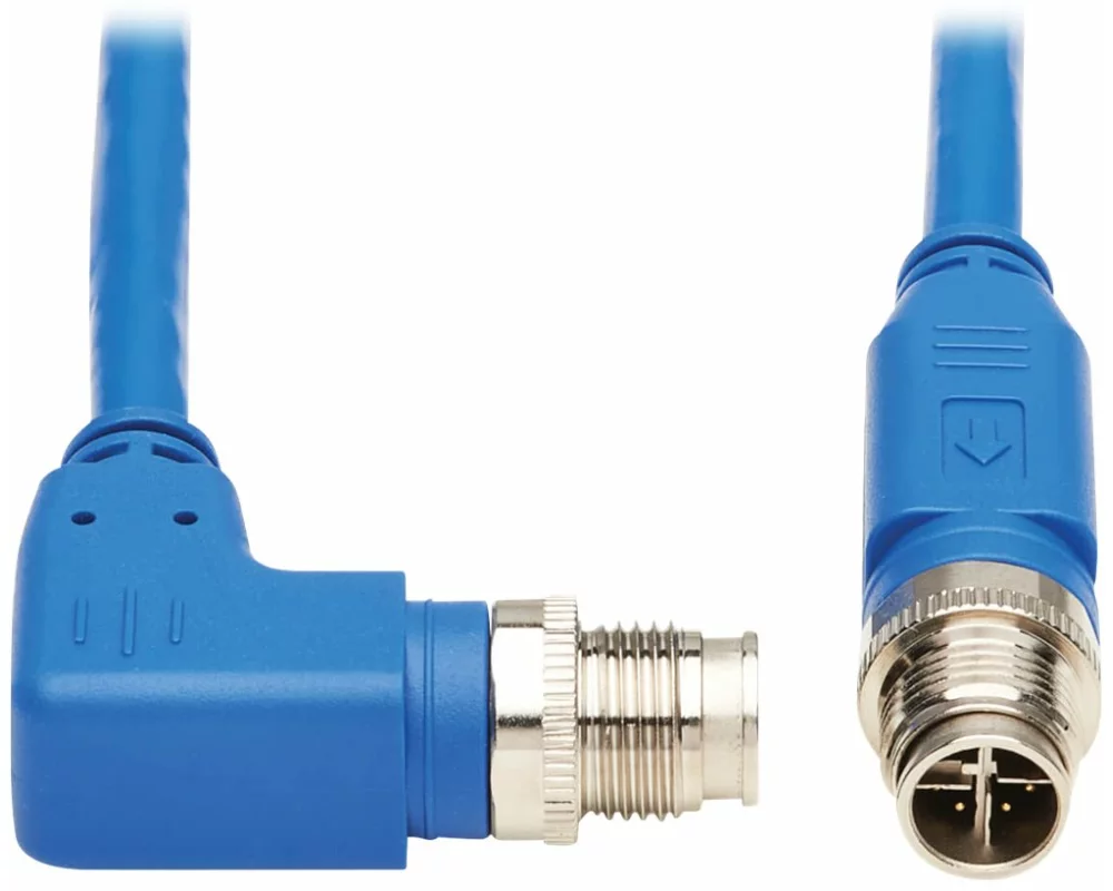 EATON TRIPPLITE M12, X-Code, Cat6, 1G, UTP, CMR-LP, Ethernet Cable, Right-Angle, M/M, IP68, PoE, Blue, 2m 6.6 ft.
