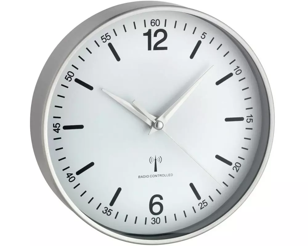 TFA Dostmann Funk-Wanduhr mit Aluminium-Rahmen 19.5 cm, Silber/Weiss