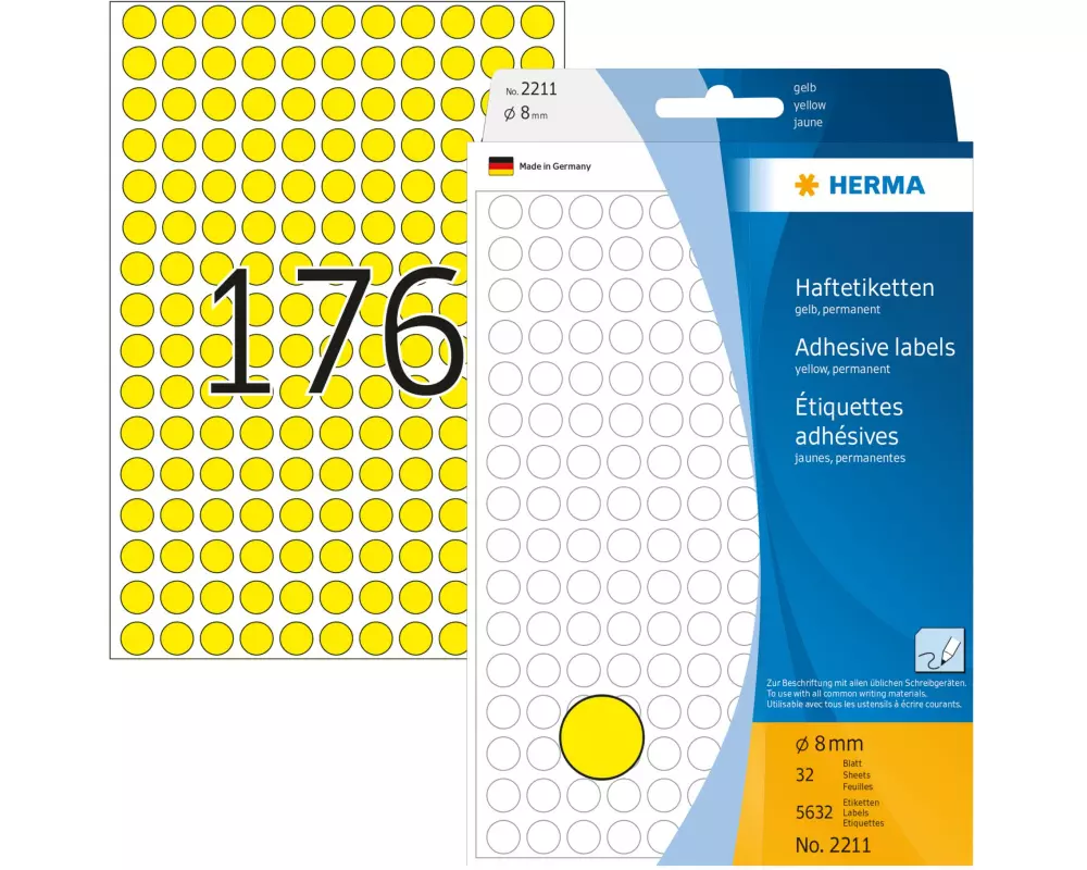 HERMA Vielzweck-Etiketten 2211 Ø 8 mm, Gelb, 32 Blatt