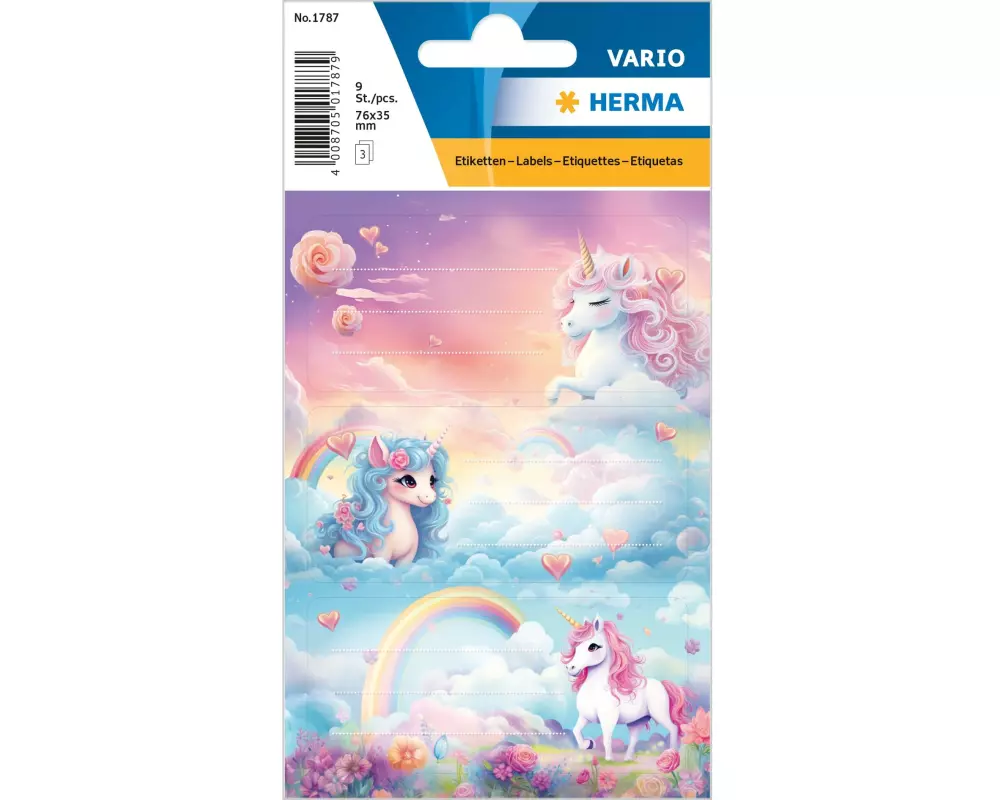 Herma Stickers Schuletiketten Happy Unicorns 3 Blatt, 9 Etiketten