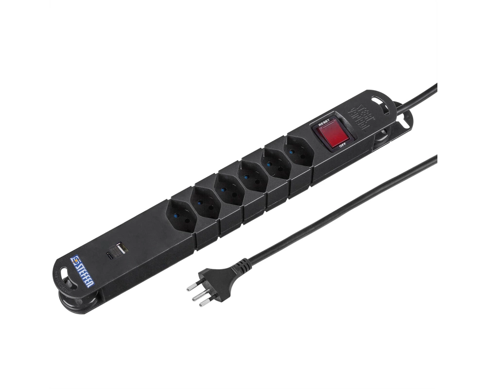 Steffen Steckdosenleiste Variabl 6fach, 1xUSB-A,1xUSB-C,mit schalter,schwarz, 3m