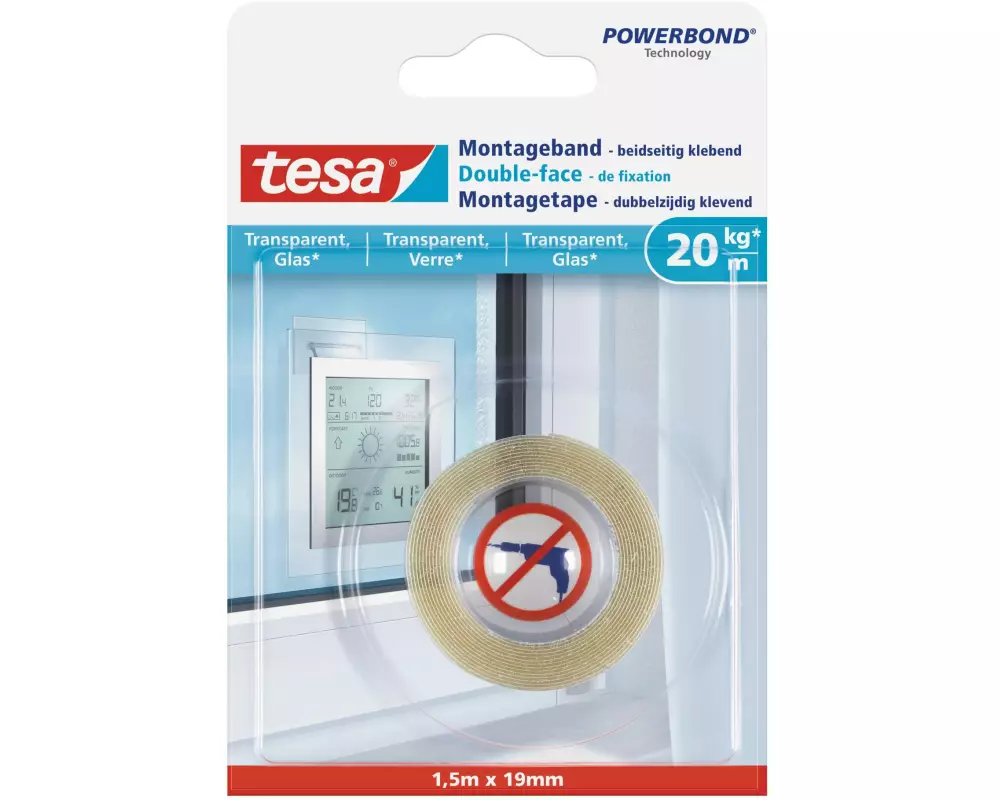 tesa Montageband 1.5 m x 19 mm für transparente Flächen