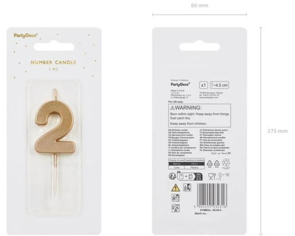 Partydeco PartyDeco Geburtstagskerze Ziffer 2 Gold 1 Stück
