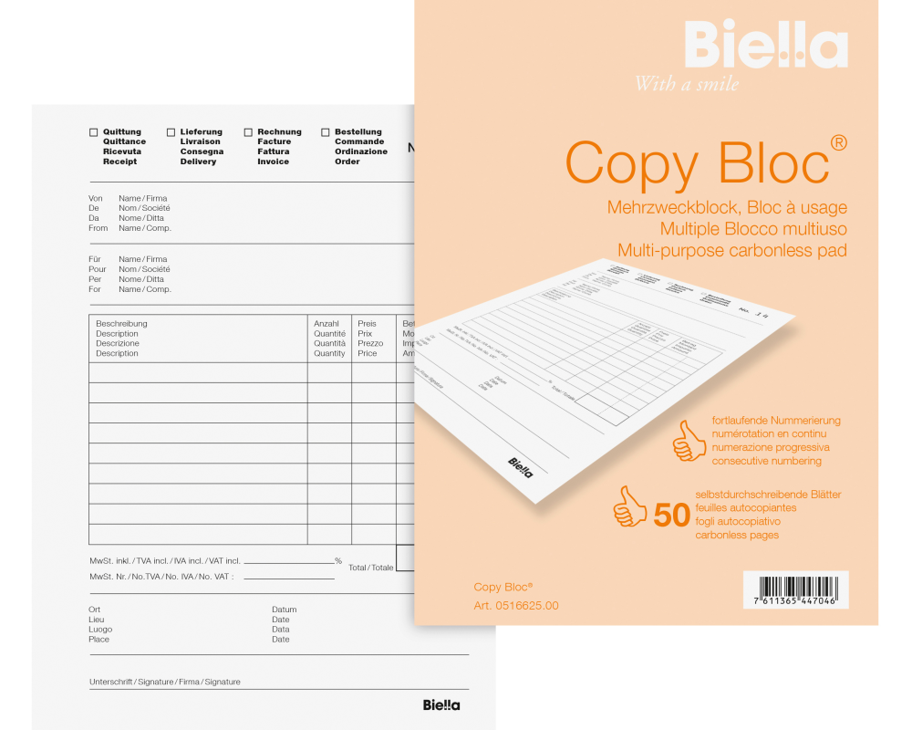 BIELLA Durchschreibeblock Copy A6 51662500U weiss 4-sprachig, Mehrzweck