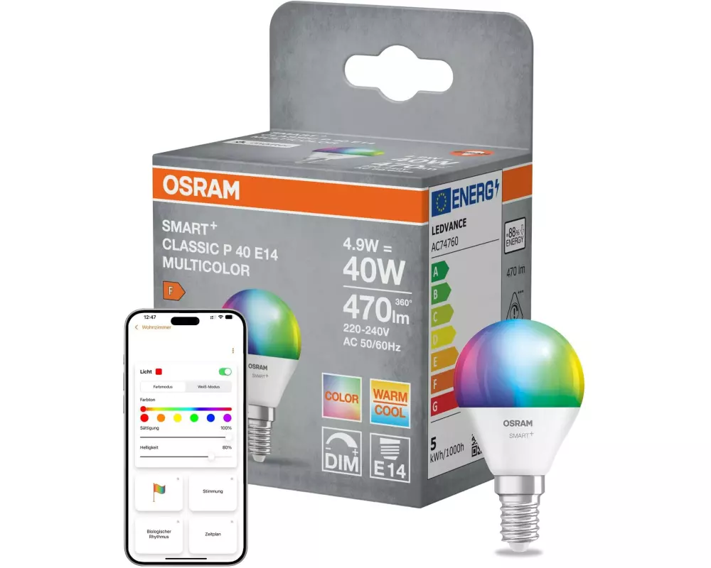 OSRAM Leuchtmittel P40 SMART+ MATTER, E14, 4.9 W, RGBW
