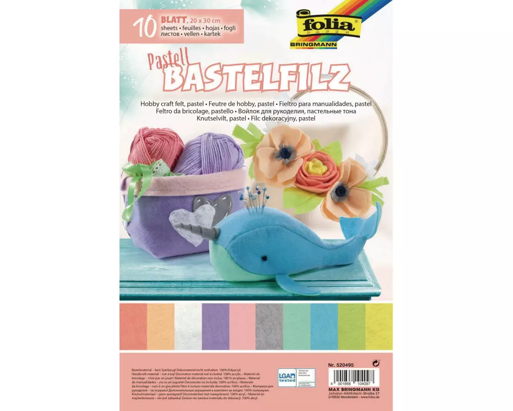 Folia Filz-Bastelset 20 x 30 cm Pastell, 10 Bogen