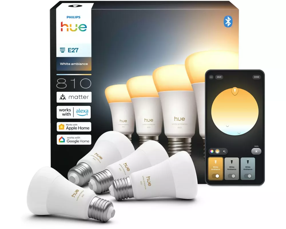 Philips Hue Leuchtmittel White Ambiance E27 Viererpack 4 x 810 lm