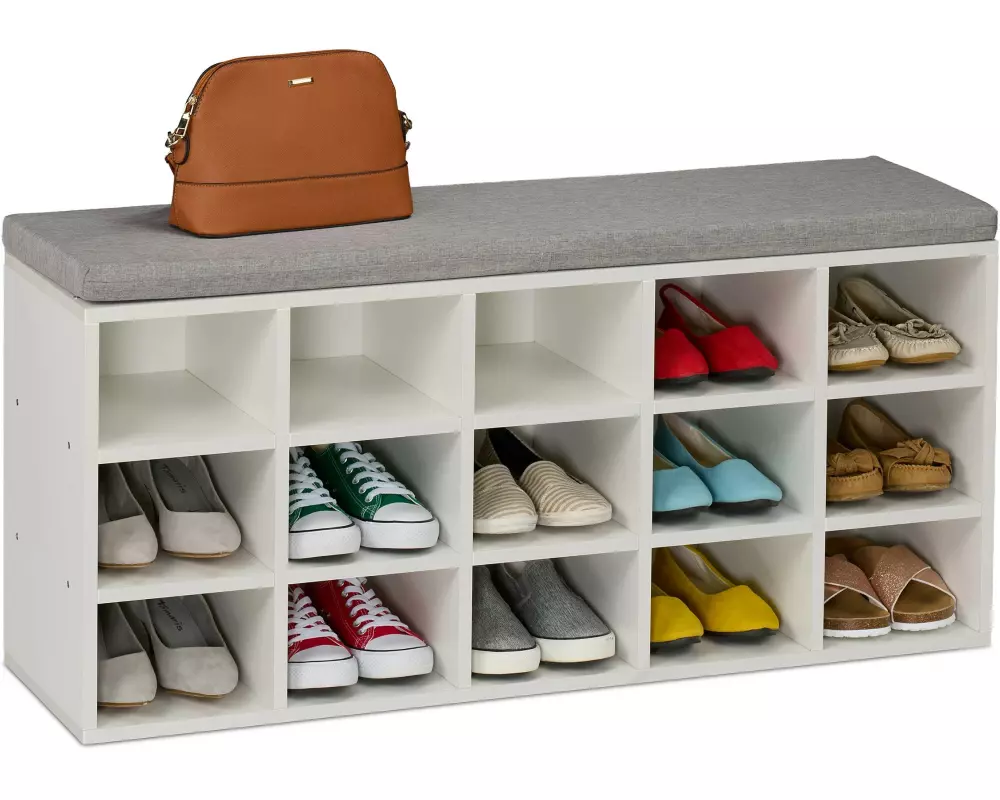 relaxdays Schuhbank mit Sitzfläche mit 15 Fächern, Grau/Weiss