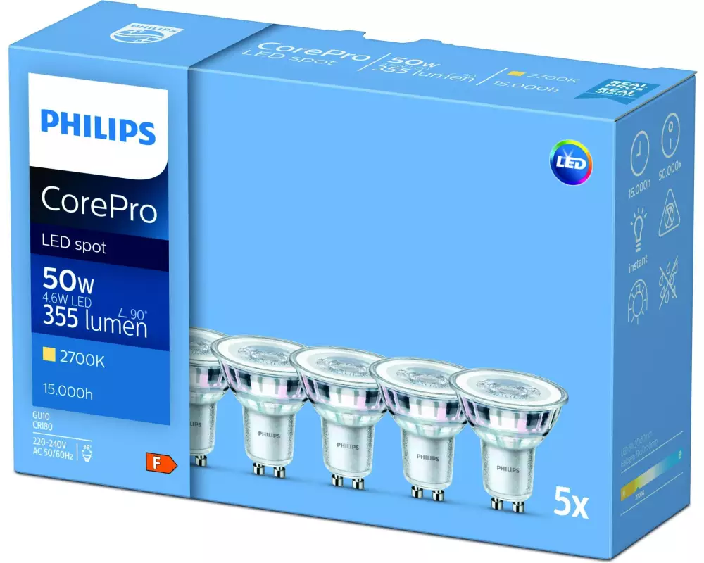 Philips Professional Lampe CorePro LEDspot 4.6-50W GU10 827 36D 5 Stk.