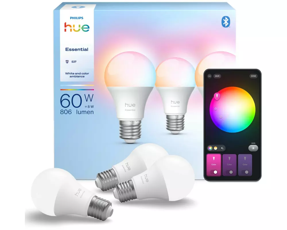 Philips Hue Leuchtmittel Essential, E27, 8 W, White & Colour, 3 Stück