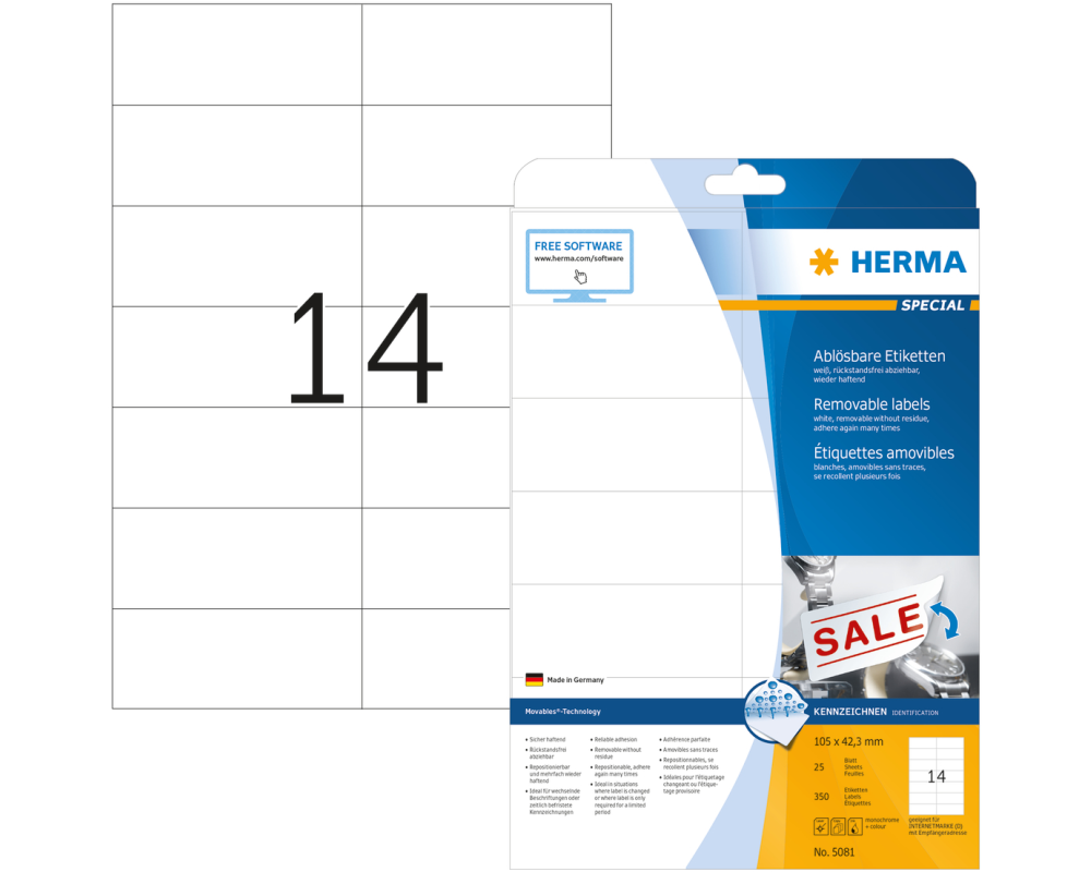 HERMA Etiketten Movables 63,5x46,6mm 4203 weiss, non-perm. 450 St./25Bl.