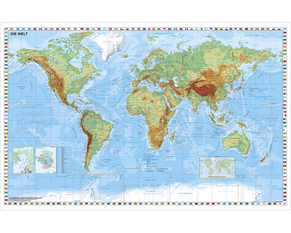 Weltkarte physisch - Wandkarte laminiert
