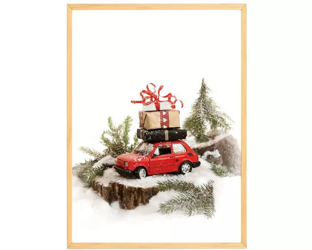 Wallxpert Weihnachtsbild Auto mit Geschenke Auto,33x48 cm