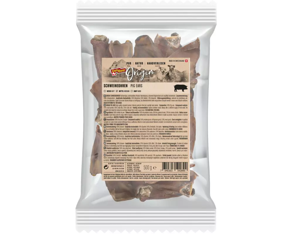 DeliBest Kausnack Origin Schweineohren 500 g, Schweizer Fleisch