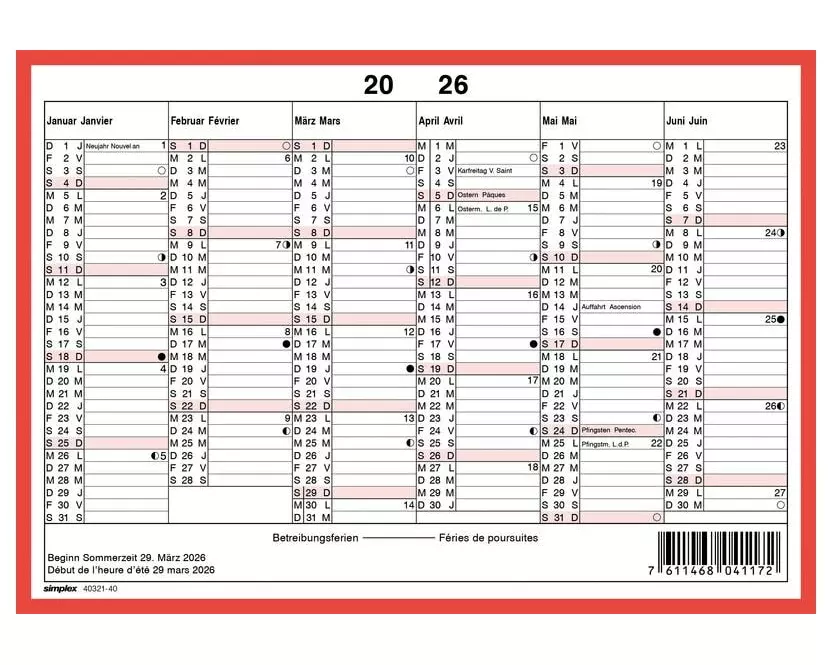 Simplex Kalender ohne Namenstage A5 Querformat, 2026