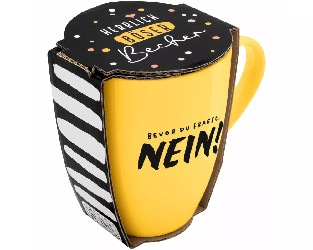 Tasse mit Motivdruck "Bevor du fragst. NEIN!", mit Banderole