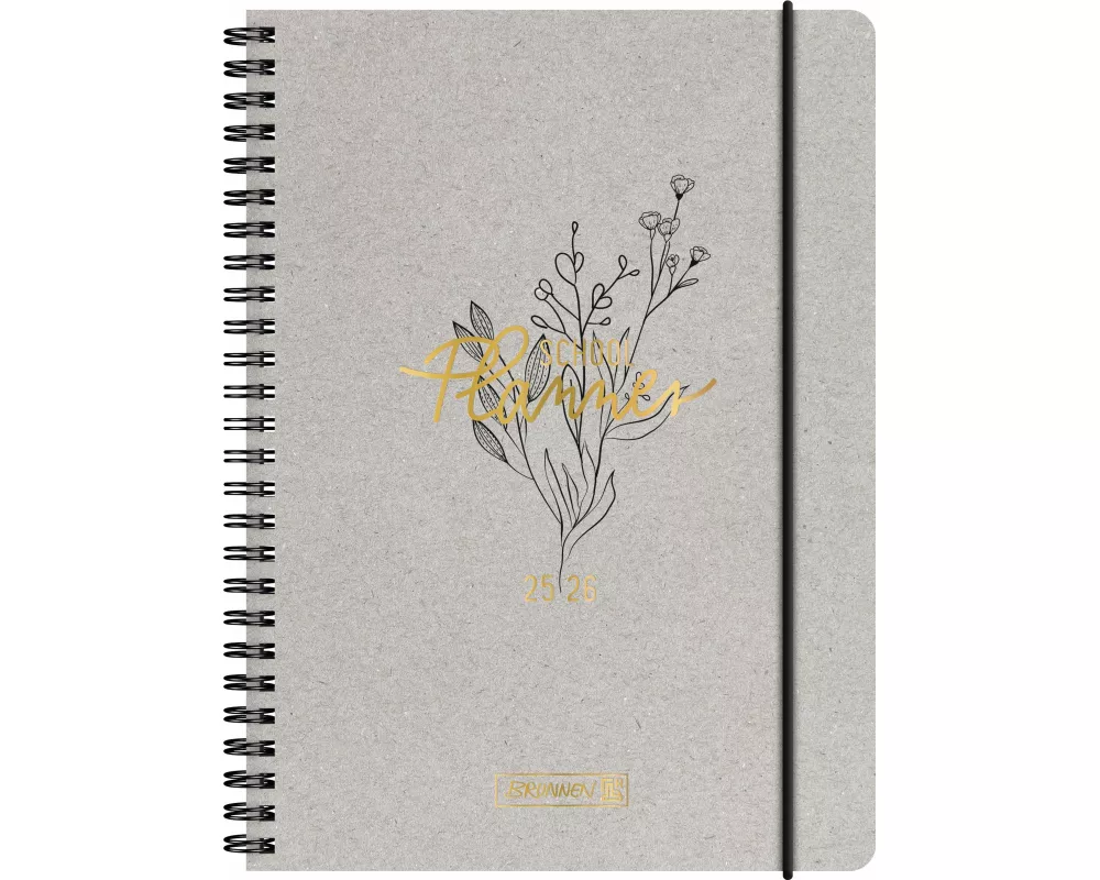 BRUNNEN Schülerkalender (2025/2026) "Botanical", 2 Seiten = 1 Woche, A5, 208 Seiten, Naturkarton-Umschlag, grau