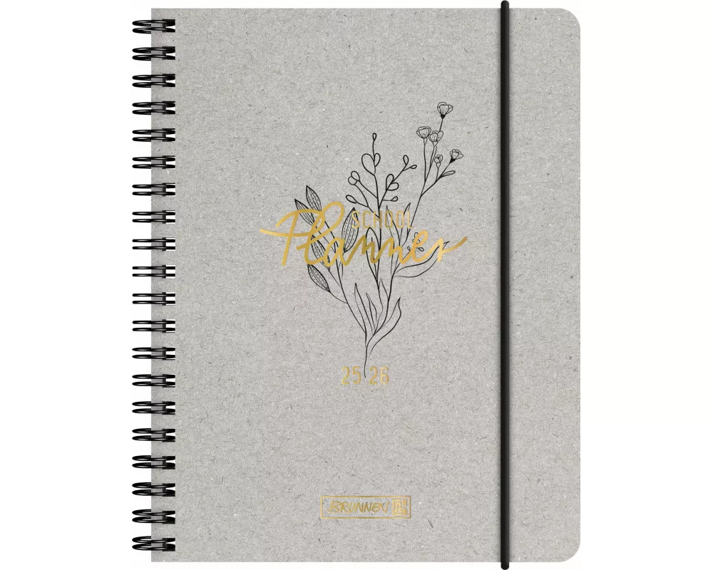 BRUNNEN Schülerkalender (2025/2026) "Botanical", 2 Seiten = 1 Woche, A6, 208 Seiten, Naturkarton-Umschlag, grau