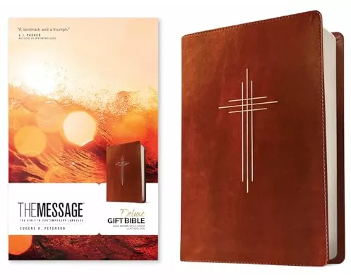 The Message Deluxe Gift Bible (Leather-Look, Dark Brown Gold Cross)