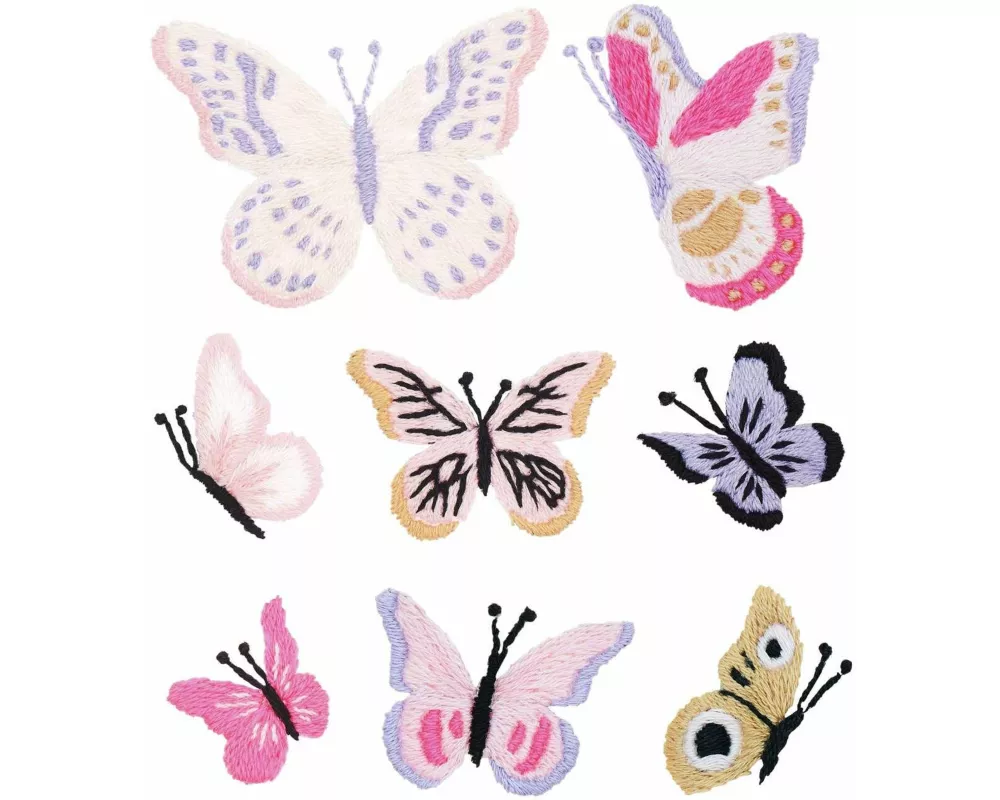 Stick & Stitch Packung, Schmetterlinge, bunt, 21 Stk., inkl. wasserlöslicher, bedruckter Stickvorlage, Stickgarn, Sticknadel, Anl