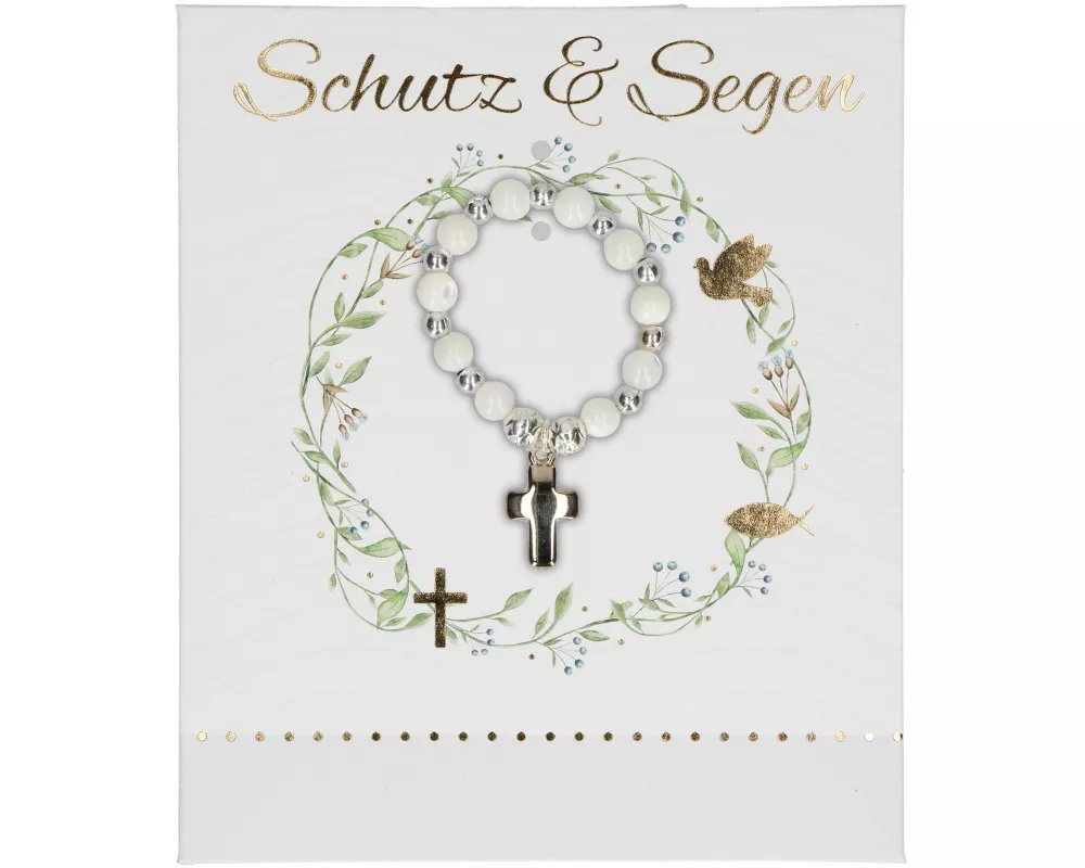 Butzon & Bercker Tauf-Armband – Stretch-Armband mit weißen Glasperlen, Rosenperlen aus Metall und Kreuz-Anhänger, Lieferung in Geschenkverpackung