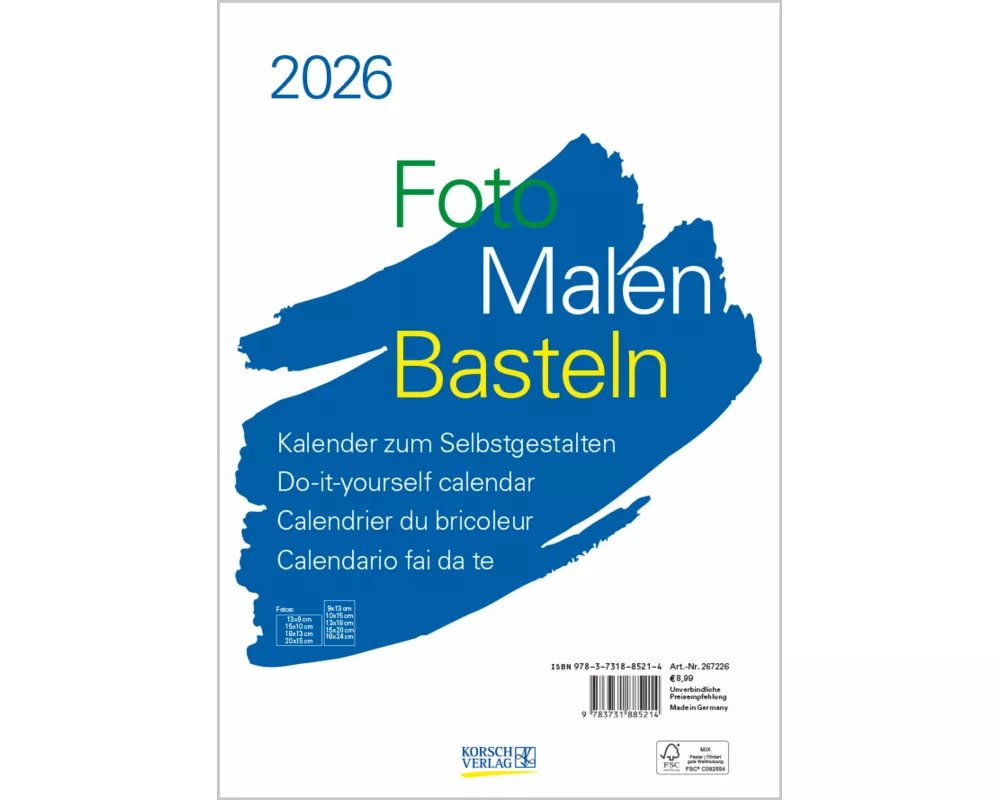 KORSCH(TM) Bastelkalender Foto Malen Basteln, 21 x 29,7 cm weiss, Jahrgang 2026