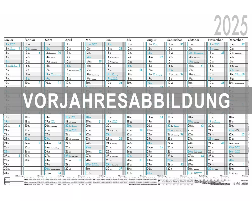 Zettler Plakatkalender 12 Mon 5 Stk. gerollt 2026 – Wandkalender groß 100 × 70 cm, 12 Monate auf 1 Seite, 5 Spalten für Urlaubsplanung, Tages-, Wochen