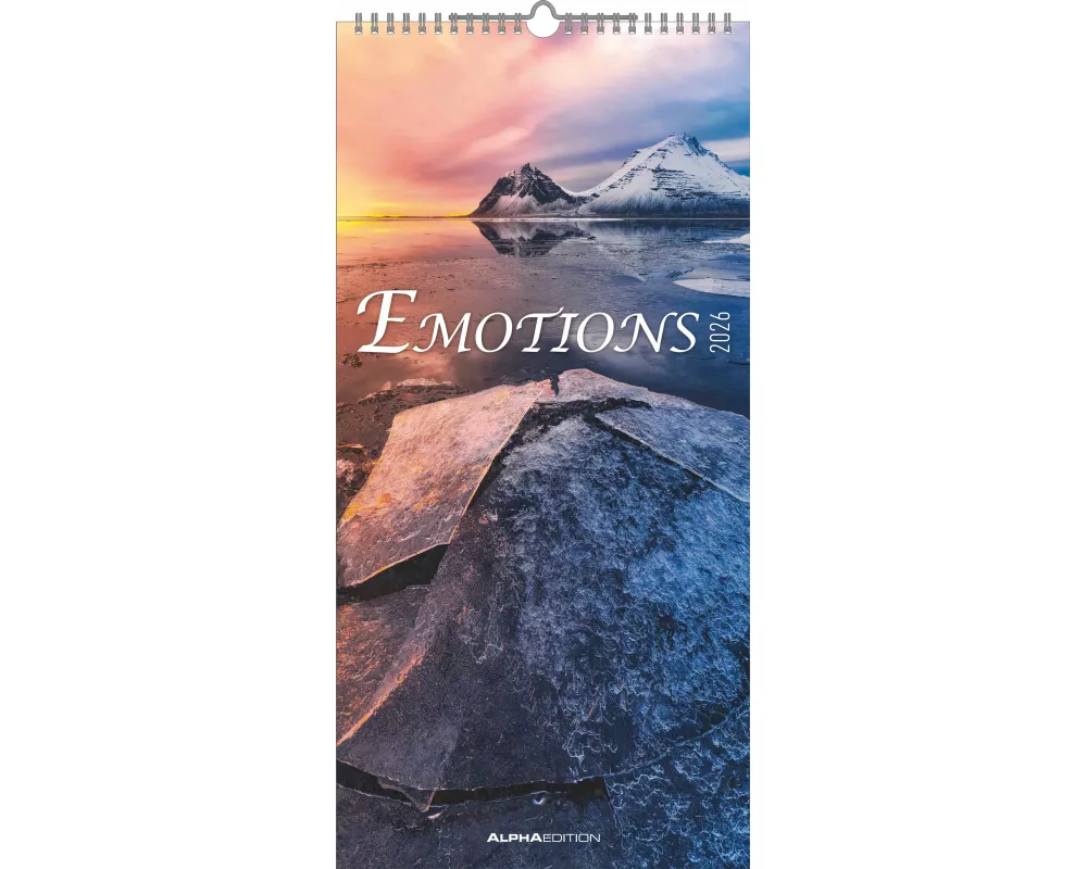 Alpha Edition - Emotions Kalender 2026 – Streifenplaner 22×45 cm mit Extraspalte für Geburtstage & Zitaten, meditative Landschaftsmotive, praktischer