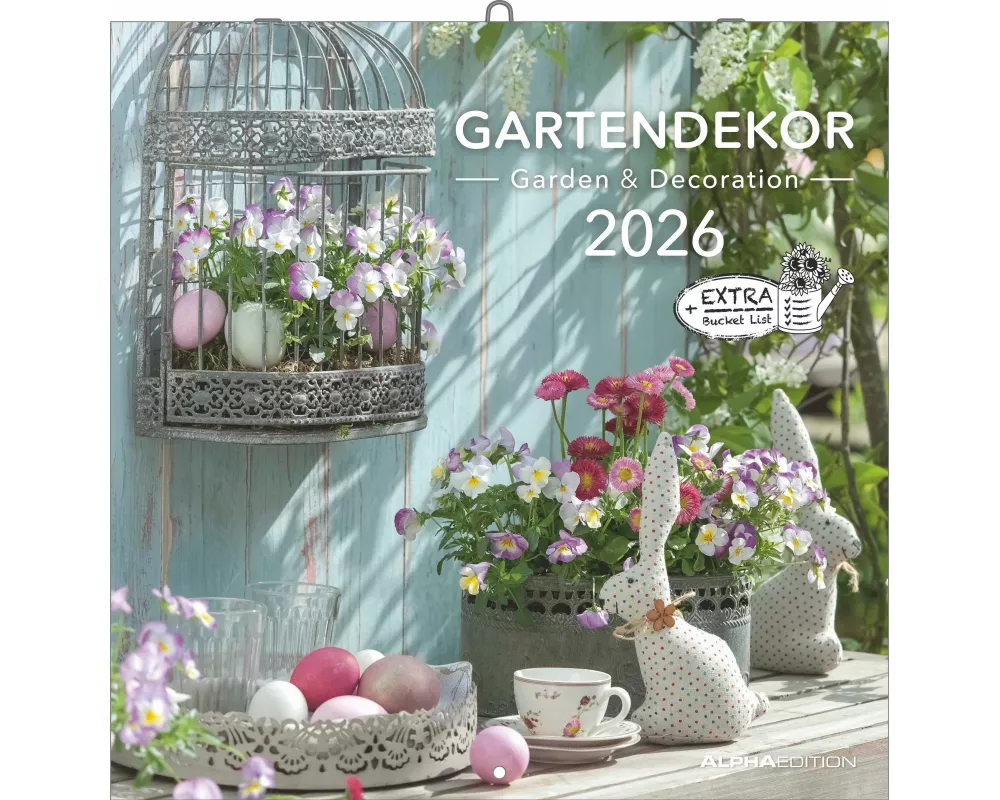 Alpha Edition - Gartendekor Kalender 2026 – Broschürenkalender 30×30 cm, aufgeklappt 30×60 cm mit 12 kunstvollen Gartendekorationen, FSC-zertifizierte