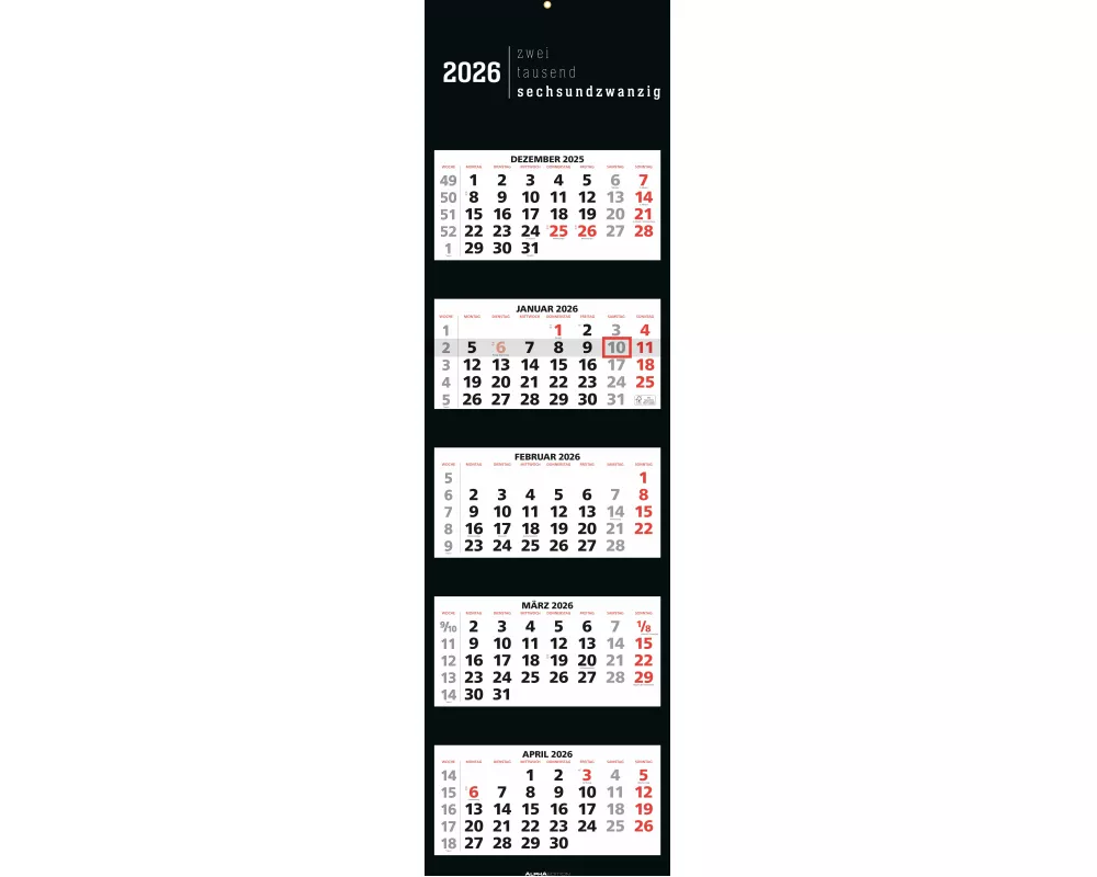 Alpha Edition 5-Monatskalender Black 2026 – Wandkalender 33×120 cm mit 5 Monaten im Überblick & Datumsschieber, faltbarer Büro- & Planungskalender für