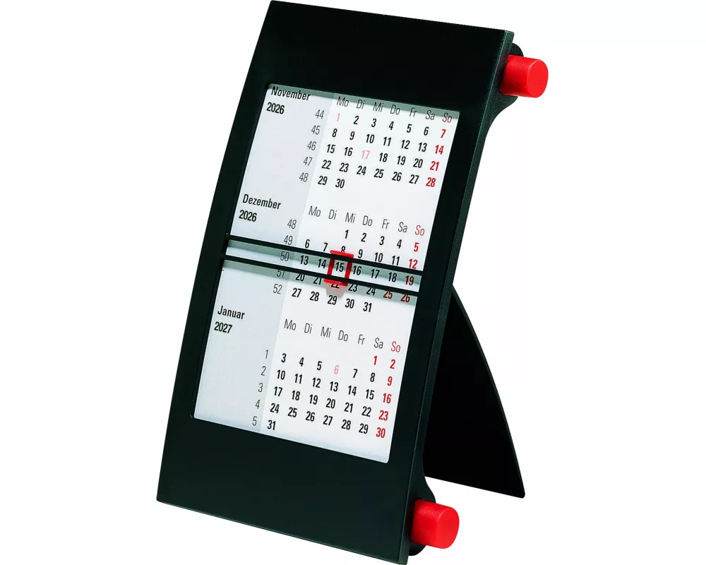 rido/idé 7038000206 | 3-Monats-Tischkalender 2026 | 90×120 mm, rot/schwarz
