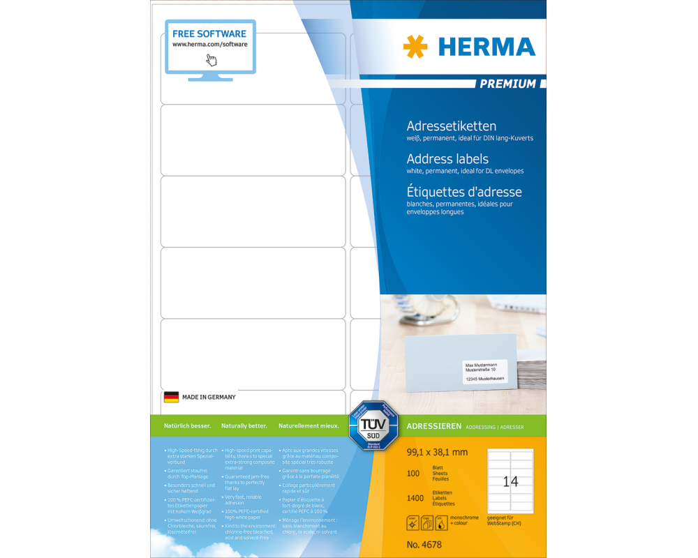 HERMA Etiketten PREMIUM 99.1x38.1mm 4678 weiss,perm. 1400 St./100 Bl.