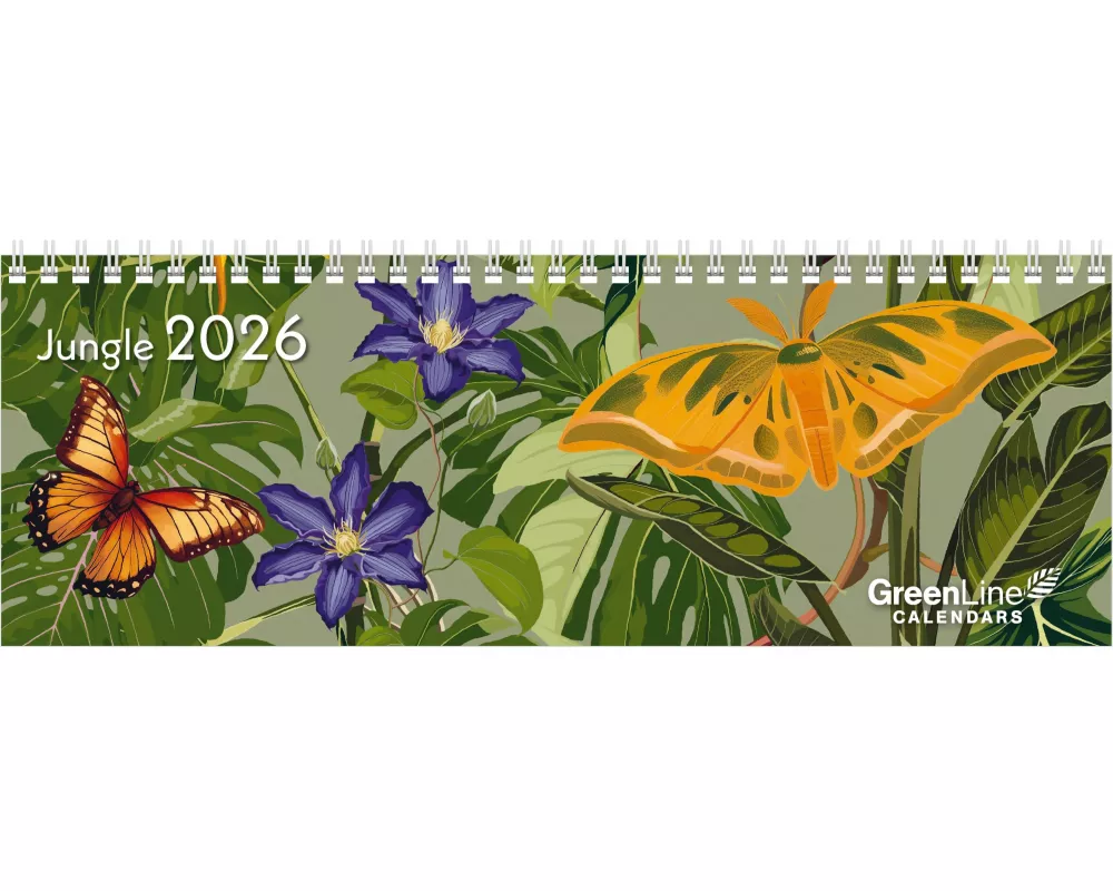 Greenline - Jungle Tischquerkalender 2026 – 30 x 11 cm – Wochenplaner mit Spiralbindung, Blumendesign, 2-sprachigem Kalendarium & FSC-Papier für Büro