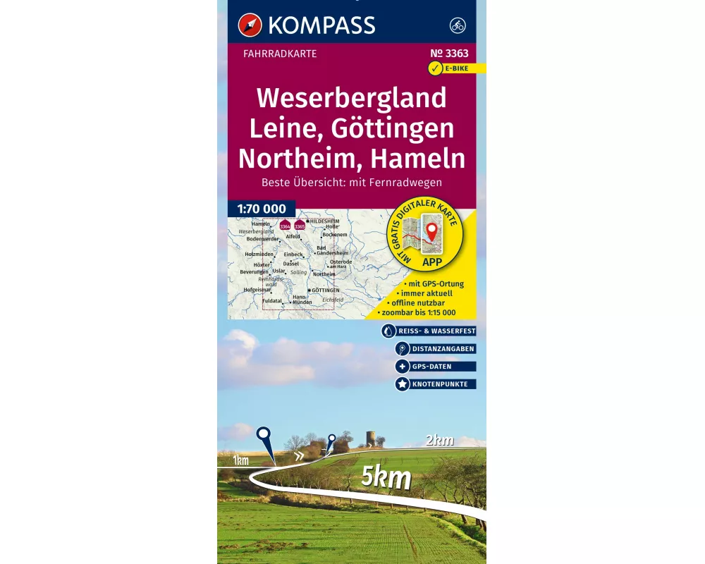 KOMPASS Fahrradkarte 3363 Weserbergland, Leine, Göttingen, Northeim, Hameln mit Knotenpunkten 1:70.000