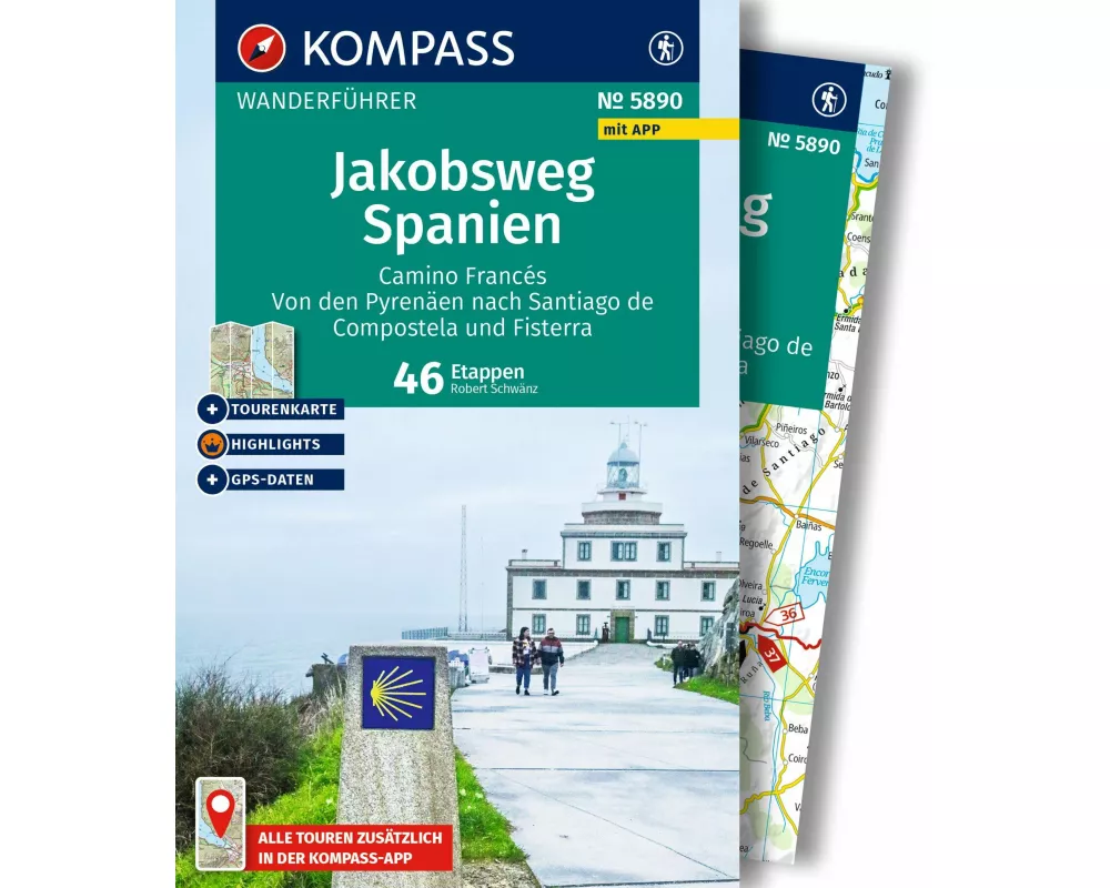 KOMPASS Wanderführer Jakobsweg Spanien, Camino Francés. Von den Pyrenäen nach Santiago de Compostela und Fisterra, 46 Etappen mit Extra-Tourenkarte