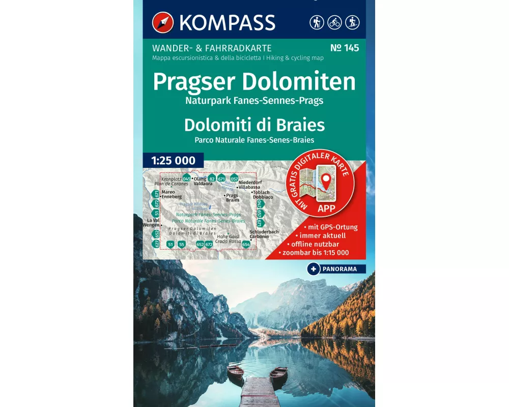 KOMPASS Wanderkarte 145 Pragser Dolomiten, Naturpark Fanes-Sennes-Prags / Dolomiti di Braies, Parco Naturale Fanes-Senes-Braies 1:25.000