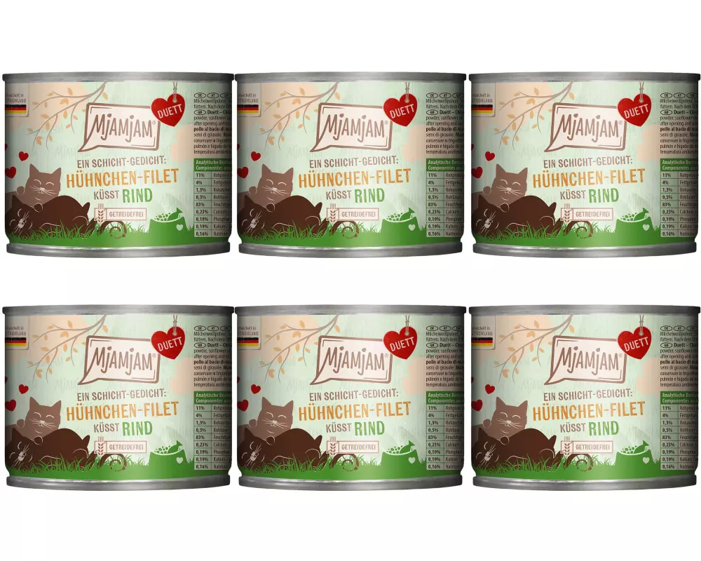 Mjamjam Nassfutter Duett Hühnchen-Filet küsst Rind, 6 x 190 g